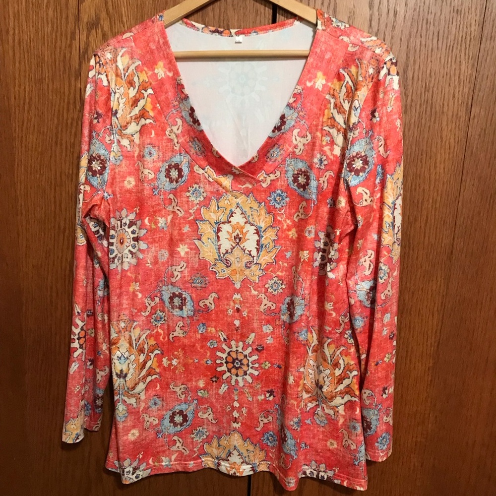 Women’s Size 1XL Floral V-Neck Long Sleeve Top Shirt Blouse Multi Colors Print
